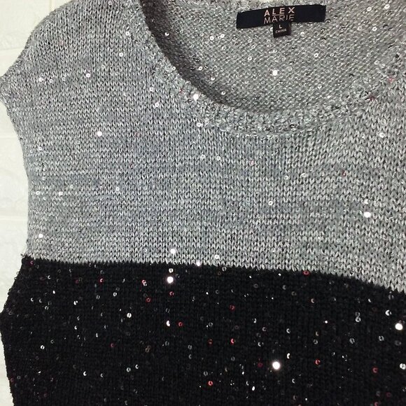 Alex Marie Knit Sweater Vest Lady-L Metallic Sequins Black Silver Gray Colorbloc - Picture 1 of 8